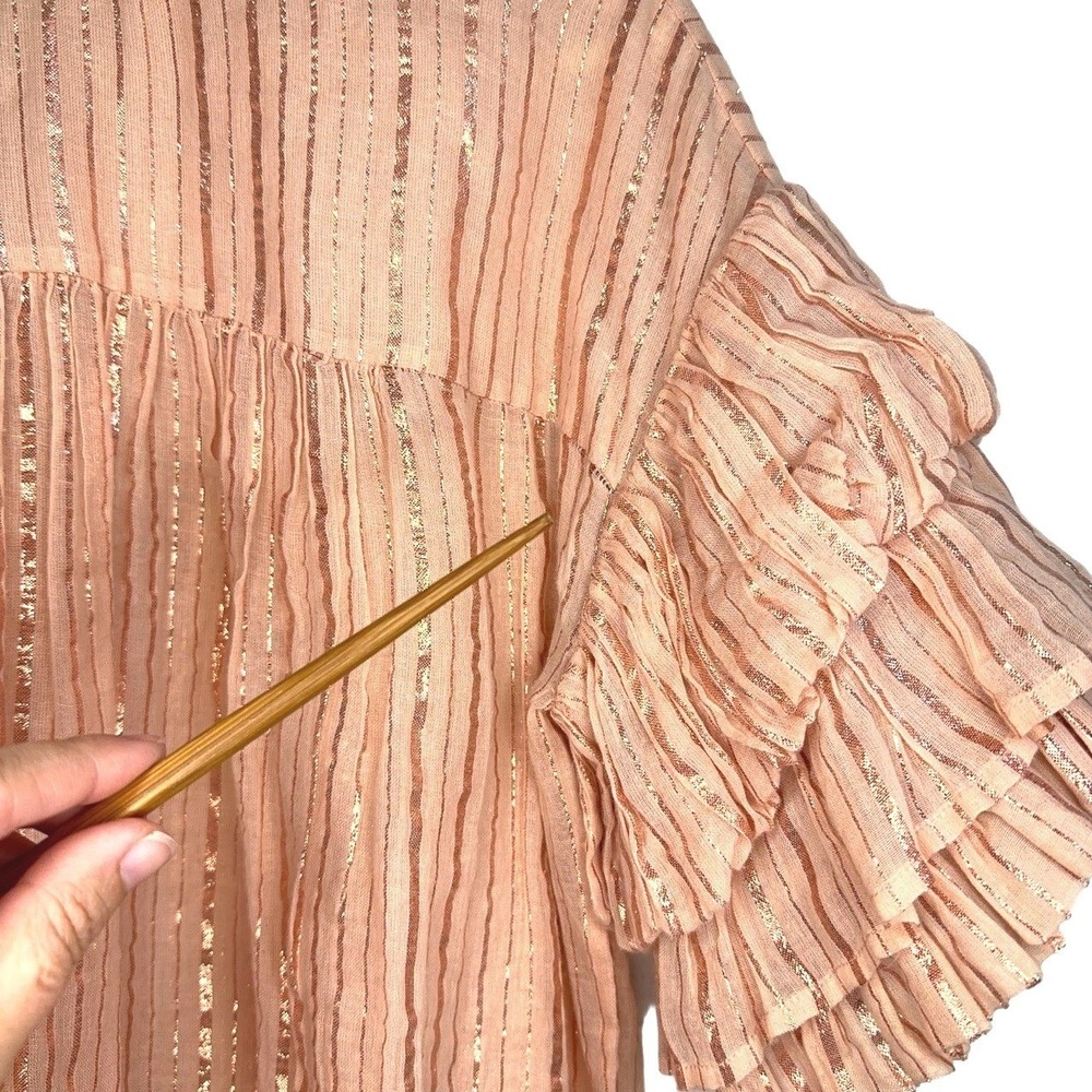 Ulla Johnson Deniz Pink Metallic Stripe Ruffle Sleeve Cotton Blouse Top US 4 / S - Picture 5 of 9